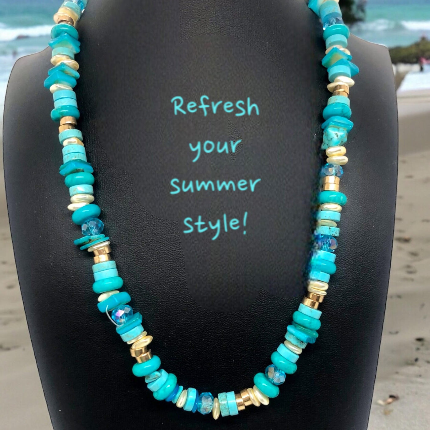 Handcrafted Aquaholic Necklace with Genuine Turquoise Gemstones and Sparkling Crystals. This Unisex Necklace Features a Vibrant Color Palette and is Perfect for Summer Style