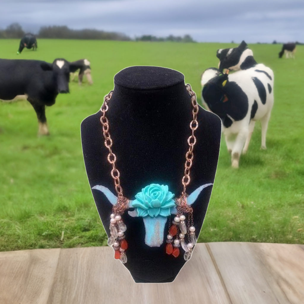 Cowabunga! - Crystal Pearls & Wood Pendant Necklace - Cow Head Design 