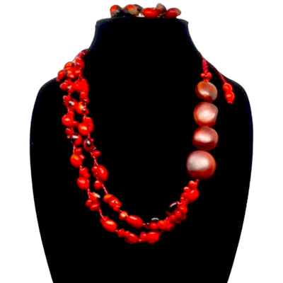 Desire Necklace  & Earrings - Bold Red Coconut and Acai Berries Statement Piece