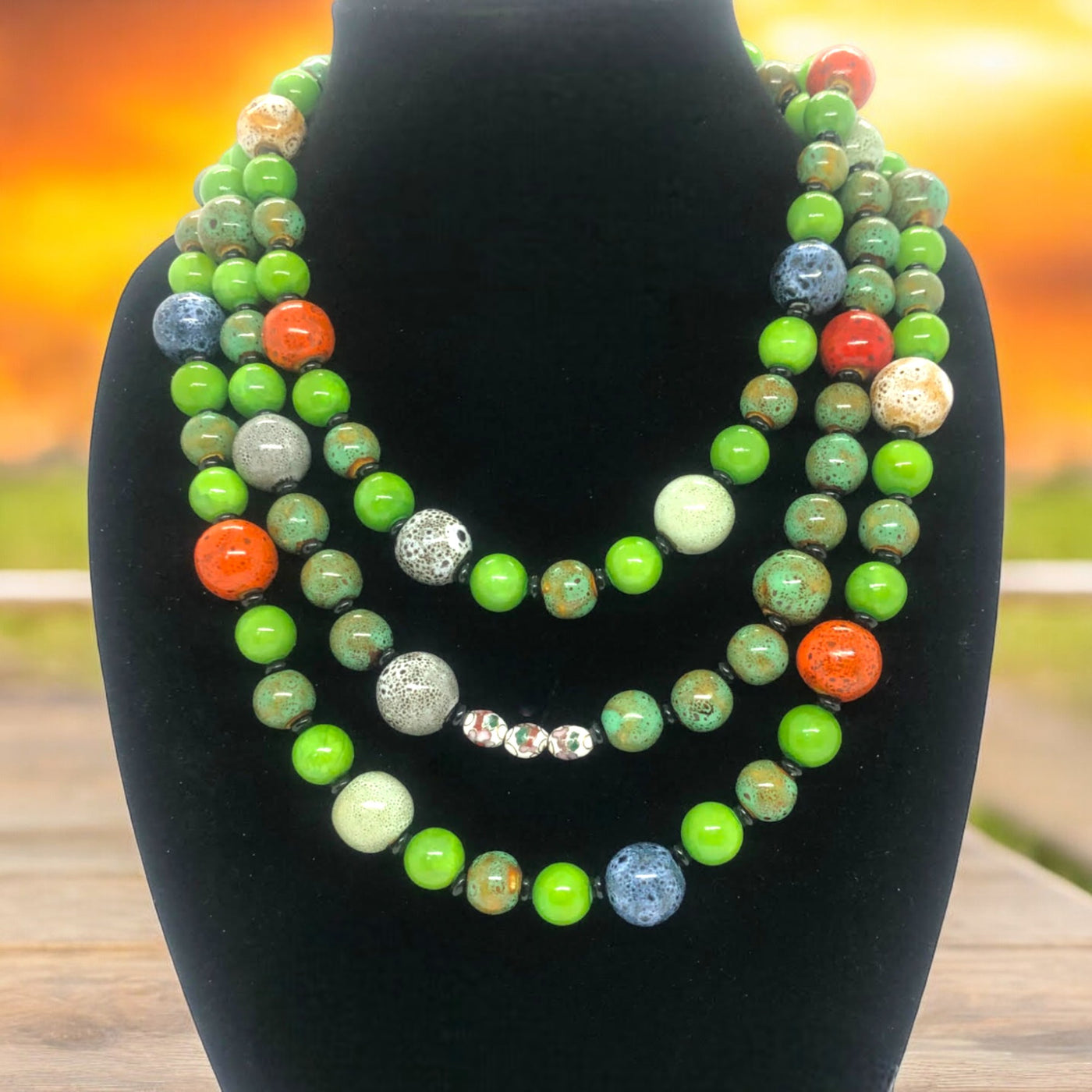 Evergreen Necklace | Layered Vibrant Porcelain & Glass Bead Jewelry