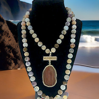 Beachcomber necklace, crystal beads, seashore colors,