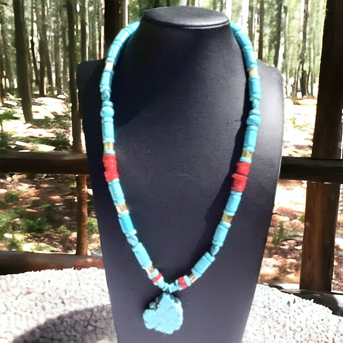 Blissful Journey - Turquoise & Coral Necklace with Silver Pendant