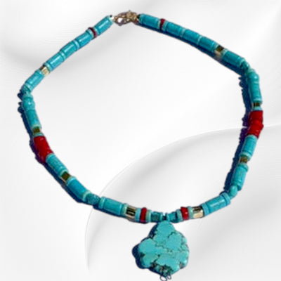 Blissful Journey - Turquoise & Coral Necklace with Silver Pendant