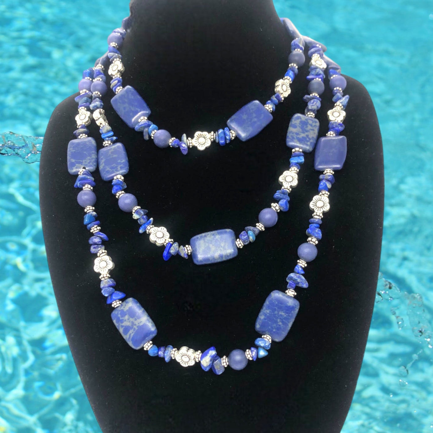 Lapis Lazuli necklace, silver floral designs, elegant jewelry, 33-inch length