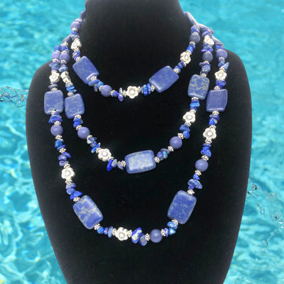 Lapis Lazuli necklace, silver floral designs, elegant jewelry, 33-inch length