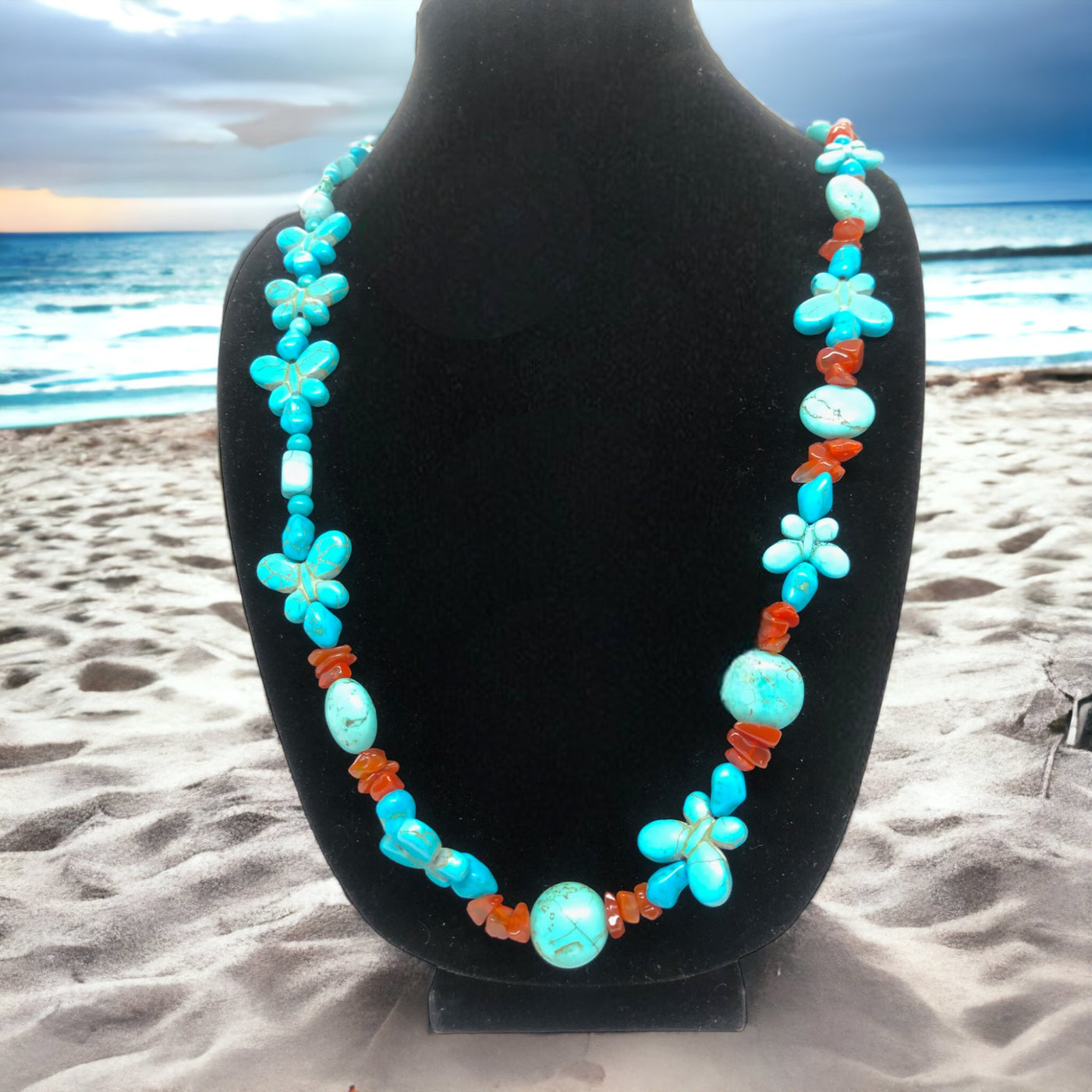 Butterfly Turquoise & Coral Butterfly Necklace Set - Versatile & Unique