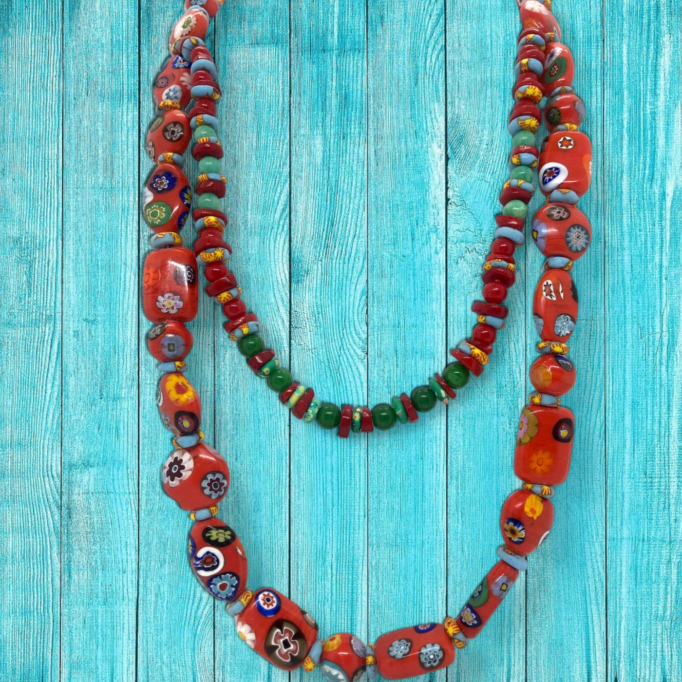 Vibrant African Ethnic Double Layer Ceramic; African Krobo Bead Necklace