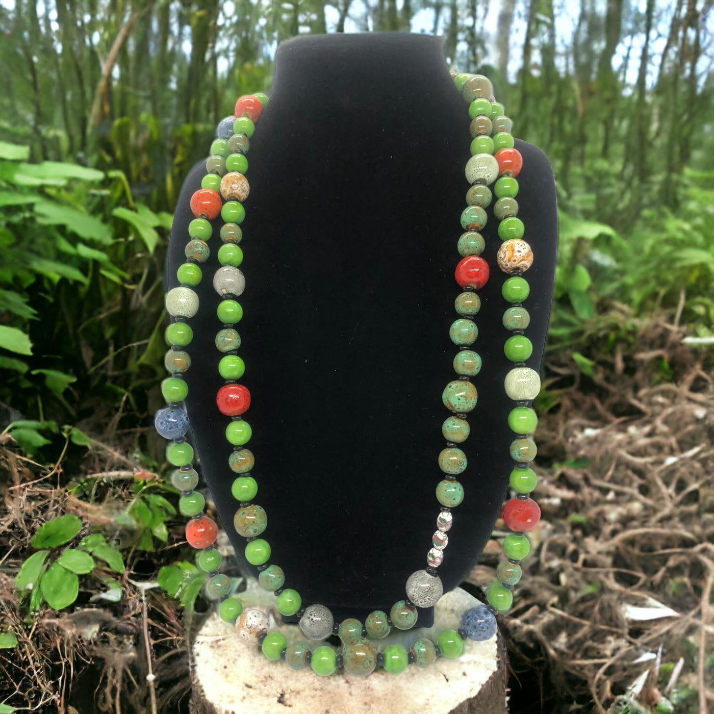 Evergreen Necklace | Layered Vibrant Porcelain & Glass Bead Jewelry