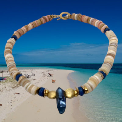 Fiji Choker Necklace of Lapis Lazuli, gold and beach-colored shells and beads