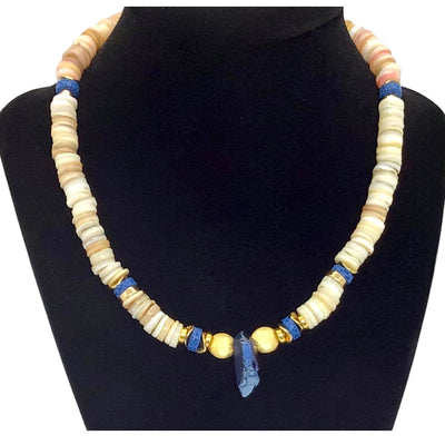 Fiji Choker Necklace of Lapis Lazuli, gold and beach-colored shells and beads