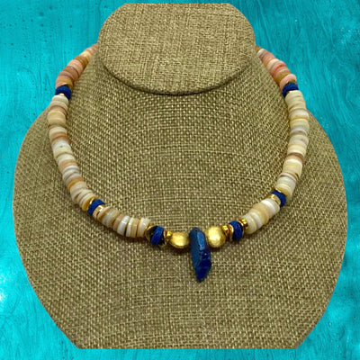 Fiji Choker Necklace of Lapis Lazuli, gold and beach-colored shells and beads