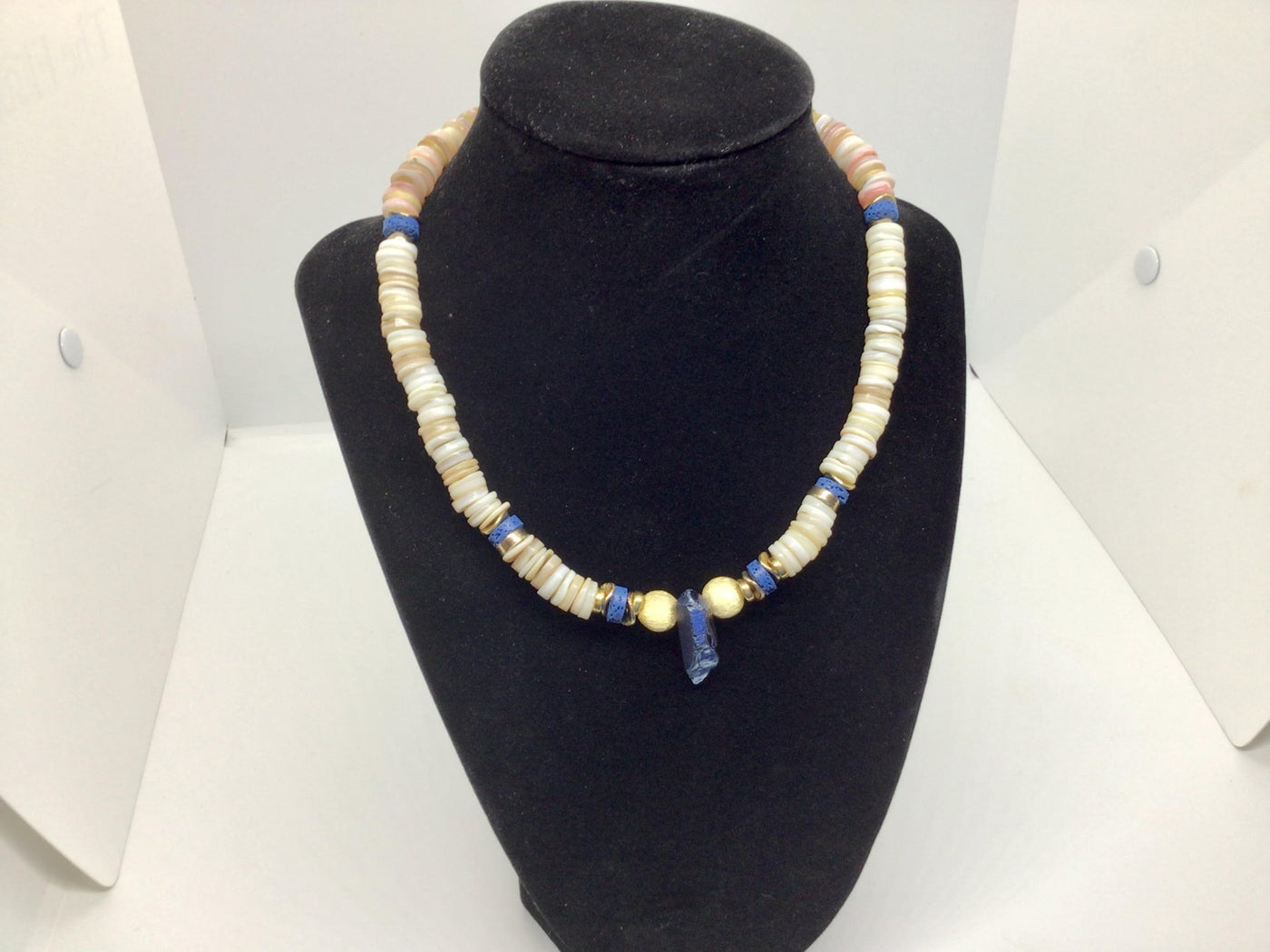 Fiji Choker Necklace of Lapis Lazuli, gold and beach-colored shells and beads