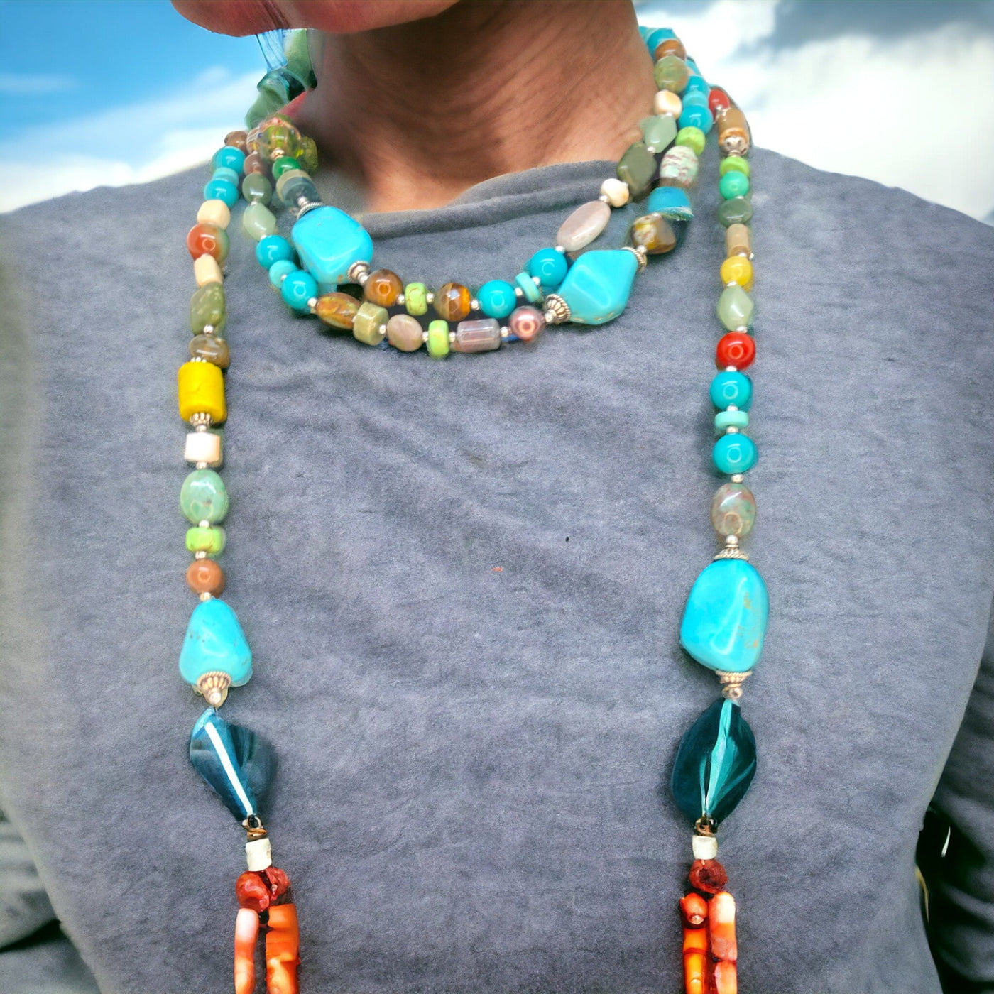 Joyous Journey: Multicolor Turquoise & Silver Necklace (3 Ways to Wear - 60")