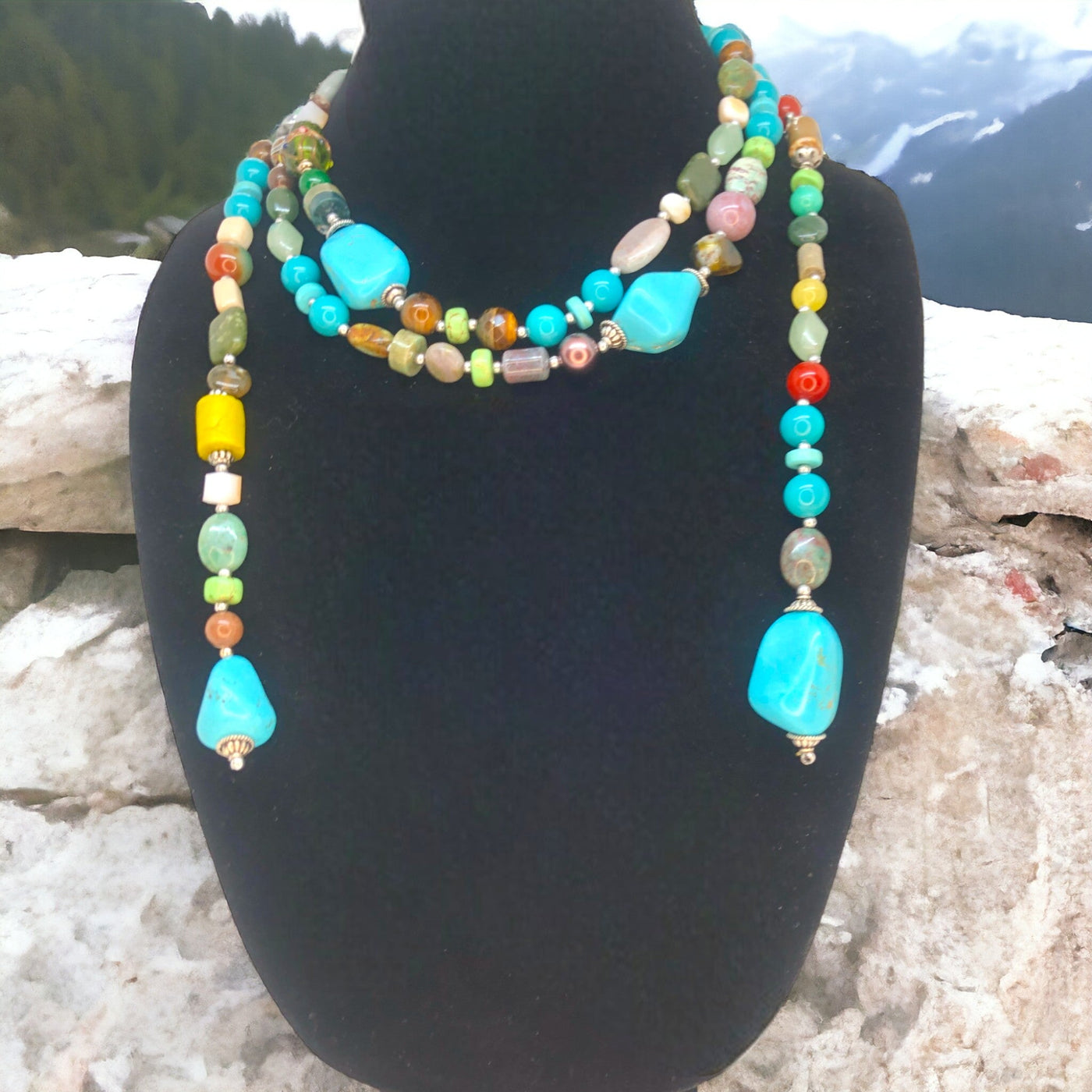 Joyous Journey: Multicolor Turquoise & Silver Necklace (3 Ways to Wear - 60")