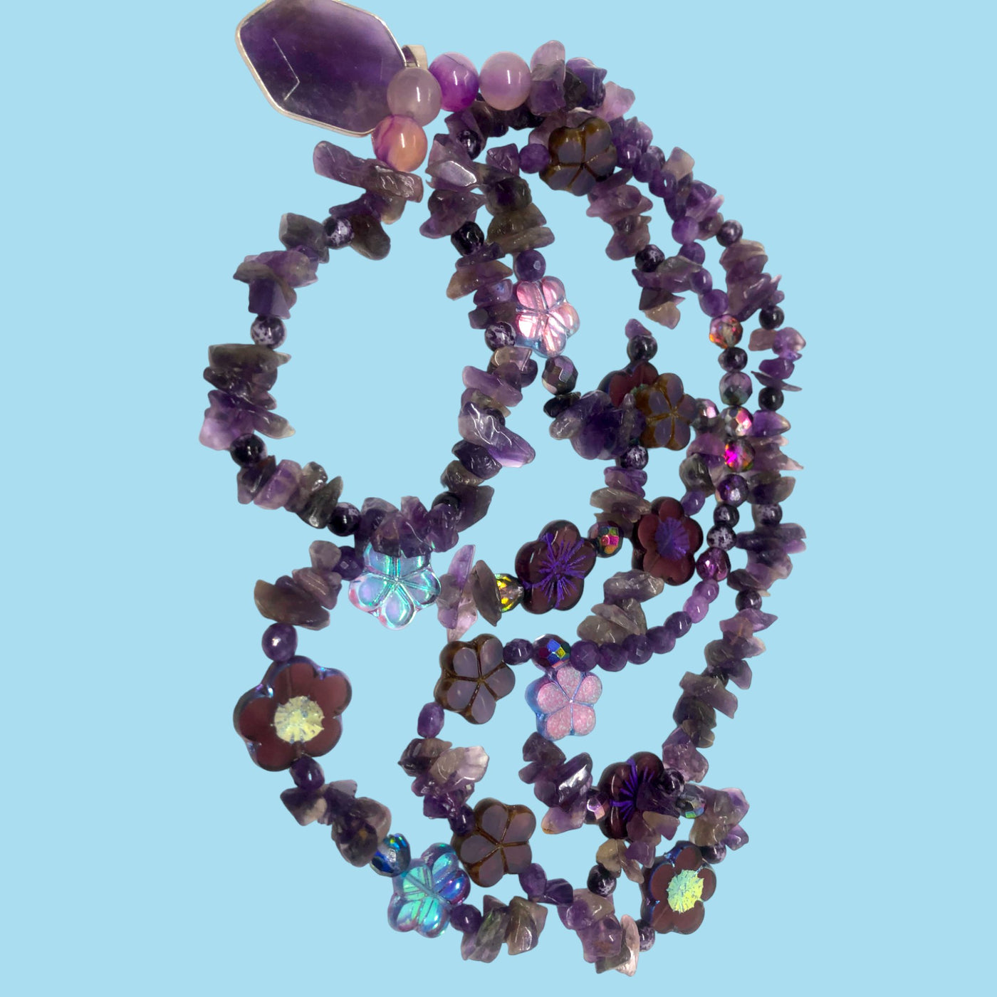 Purple Bloom Necklace Amethyst Quartz glass beads amulet ridescent flowers